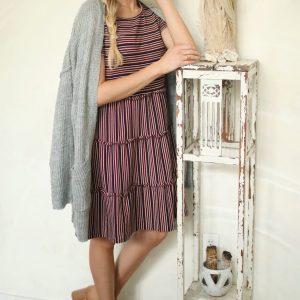 Stretchy Stripe Mini Dress: Ribbed Knit Round Neck