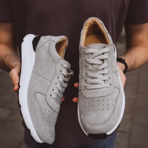 Handmade Suede Men Leather Sneakers Grey Brown Lace
